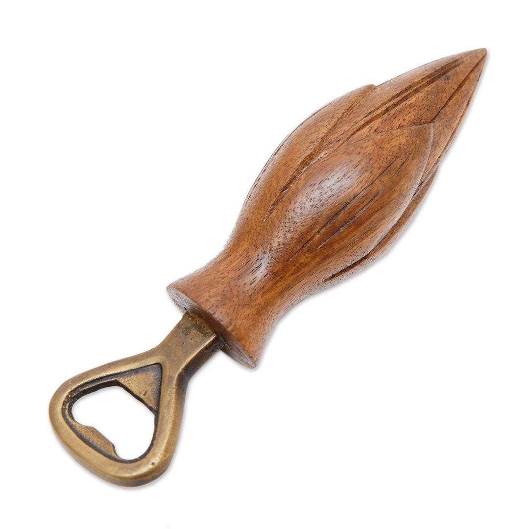 Handcrafted Wood Lotus Bottle Opener in Brown from Bali - Young Lotus in Brown