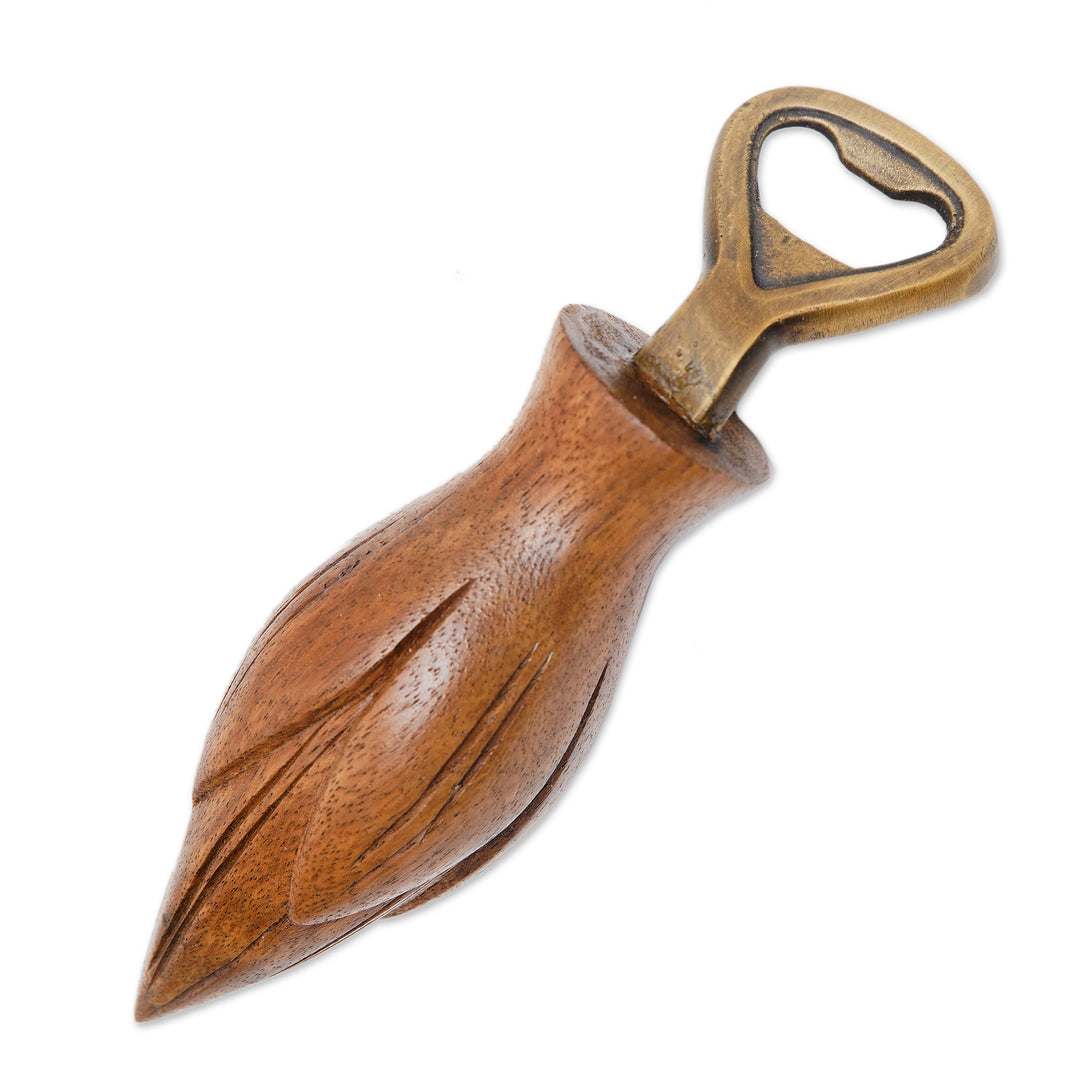 Handcrafted Wood Lotus Bottle Opener in Brown from Bali - Young Lotus in Brown