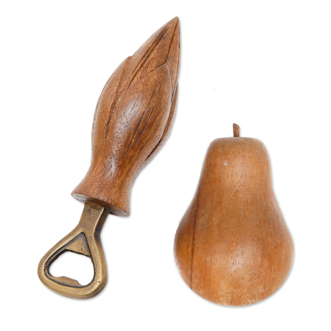 Handcrafted Wood Lotus Bottle Opener in Brown from Bali - Young Lotus in Brown