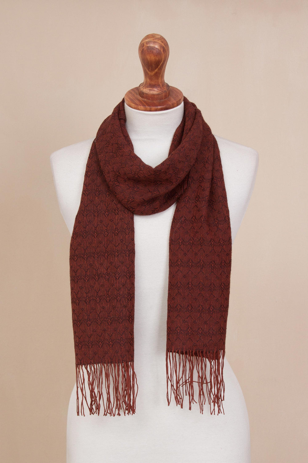 Orange-Brown Subtle Diamond Pattern 100% Alpaca Woven Scarf - Subtle Spice