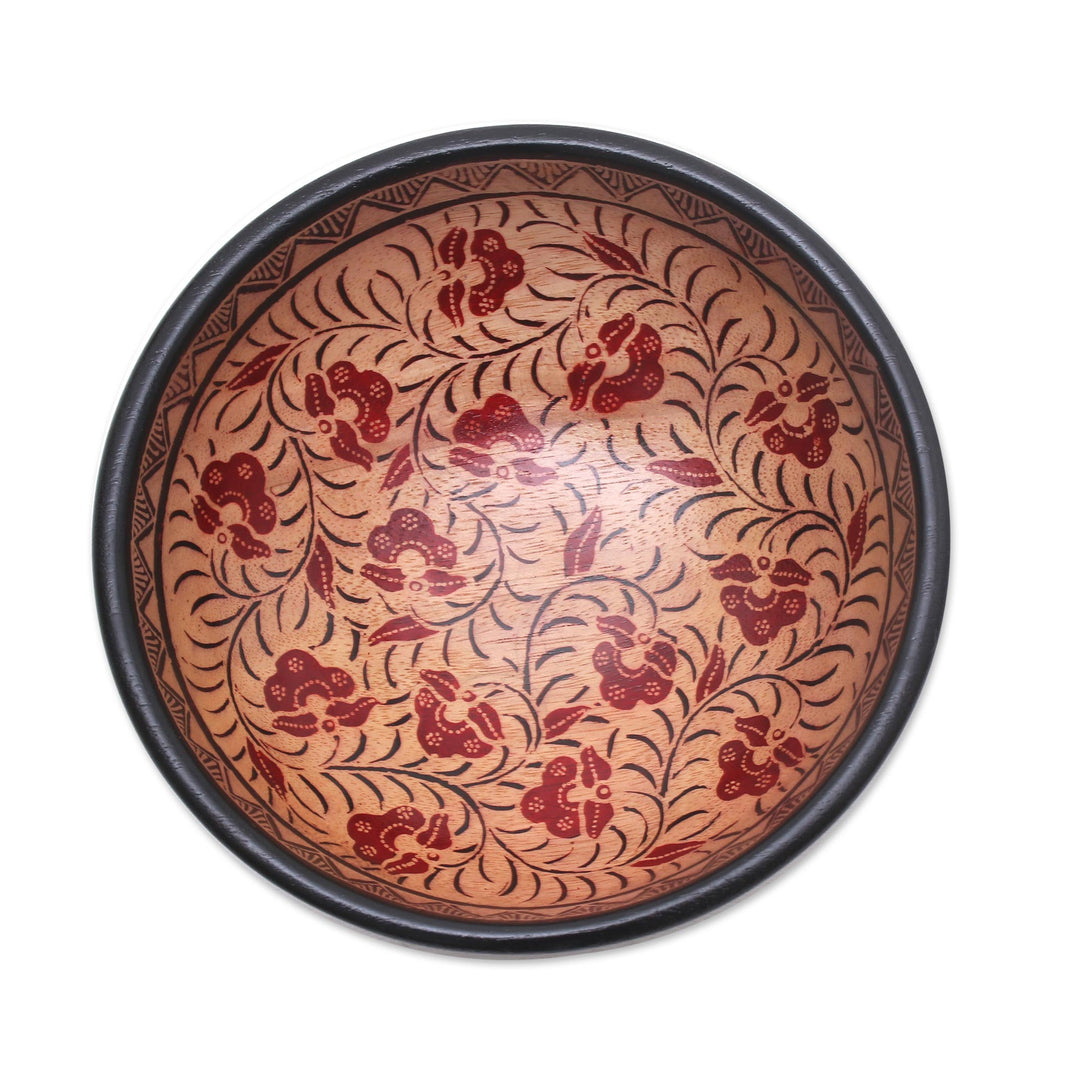 Floral Motif Batik Wood Decorative Bowl from Bali - Lok Chan Flowers