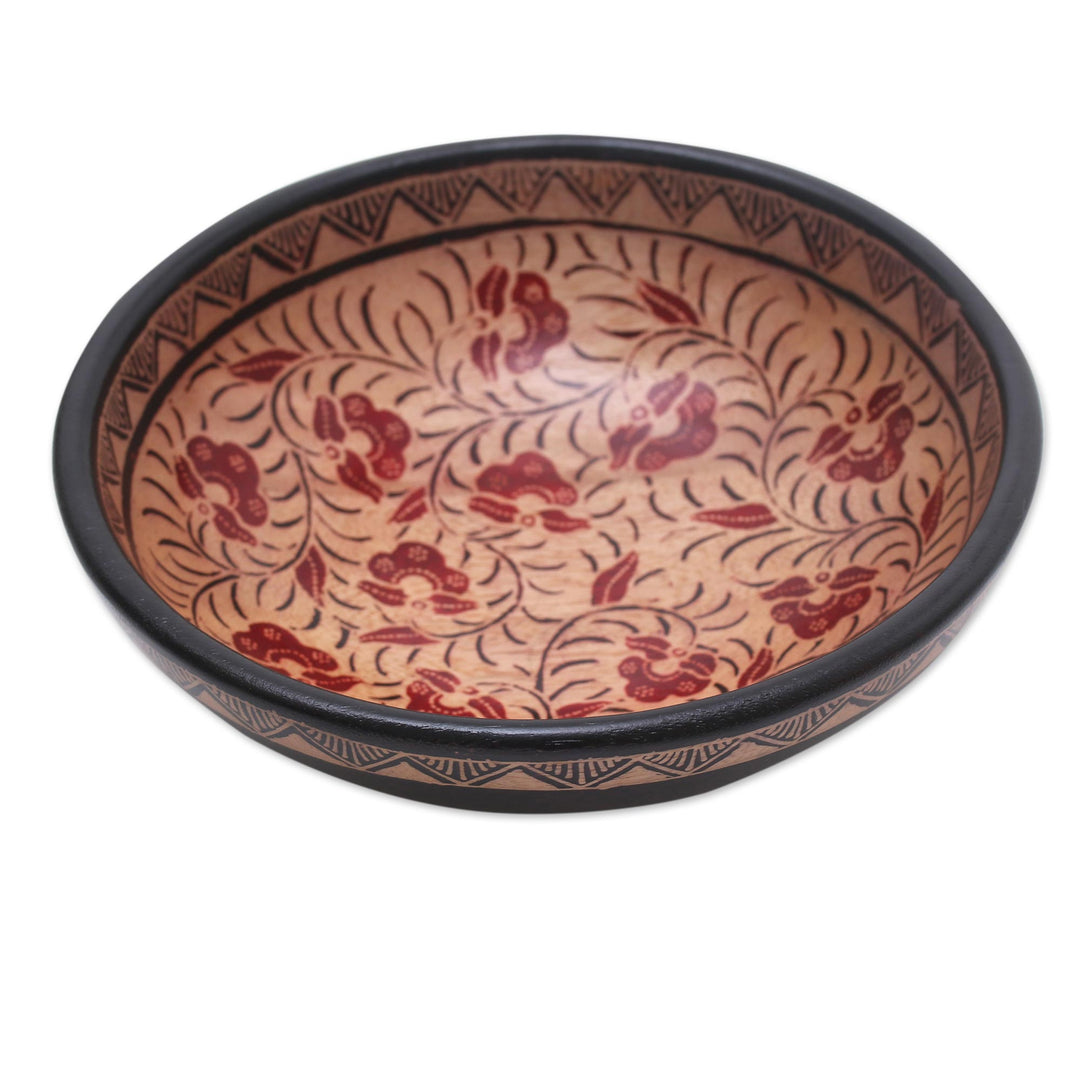 Floral Motif Batik Wood Decorative Bowl from Bali - Lok Chan Flowers