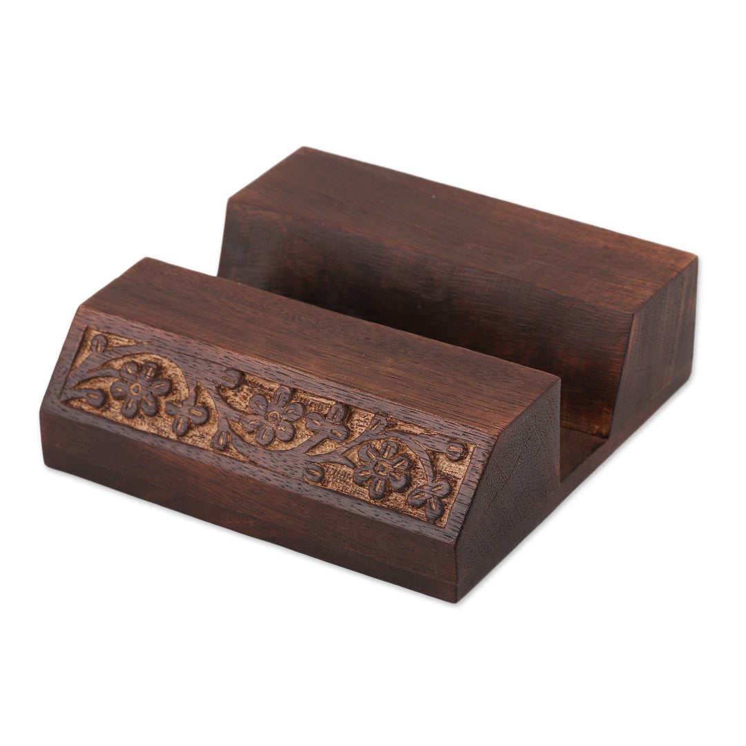 Wood Mobile Device Stand with Hand Carved Floral Motif - Desk Garden