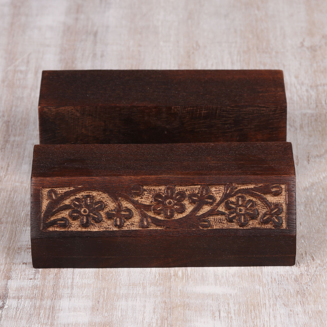 Wood Mobile Device Stand with Hand Carved Floral Motif - Desk Garden