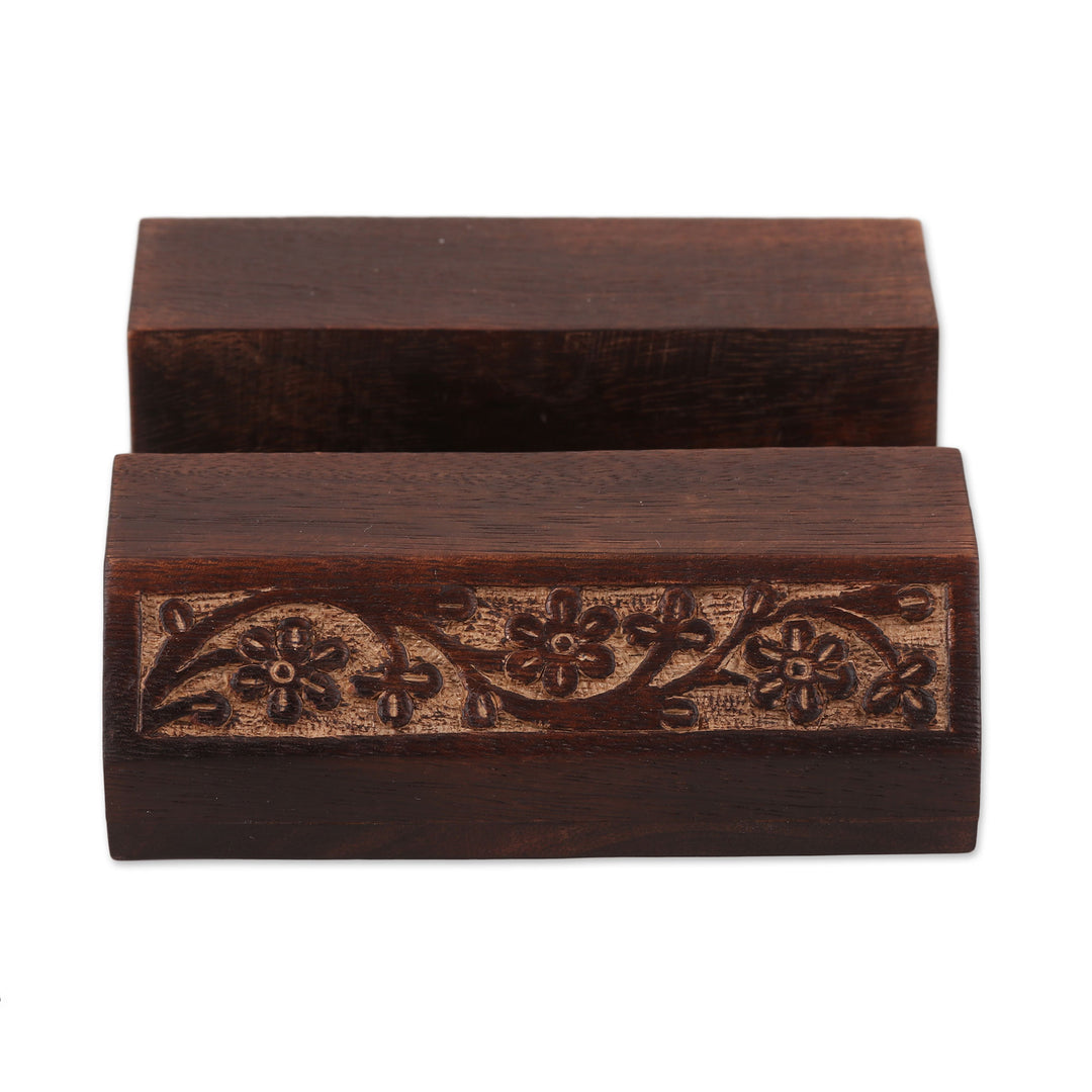 Wood Mobile Device Stand with Hand Carved Floral Motif - Desk Garden