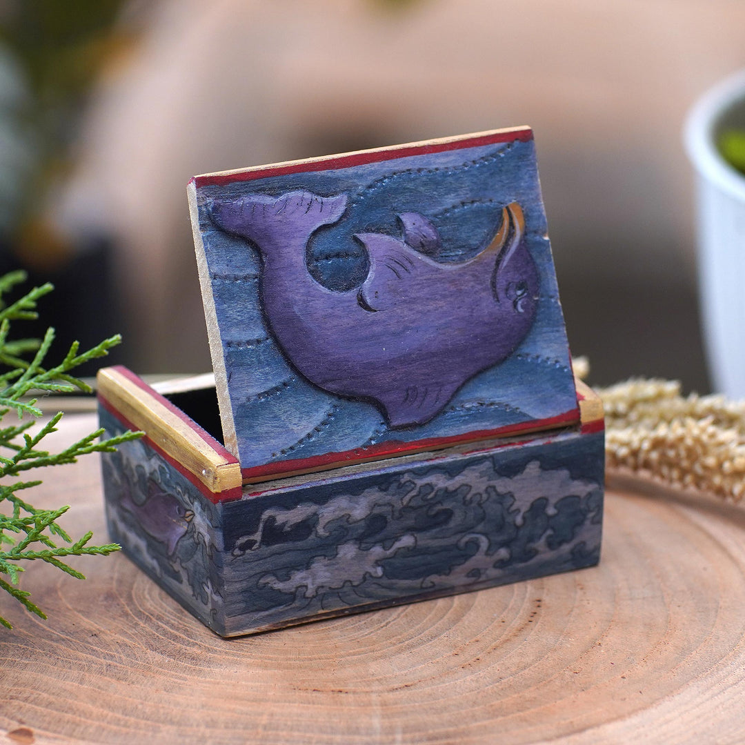 Dolphin-Themed Wood Mini Jewelry Box from Bali - Lovina Dolphin