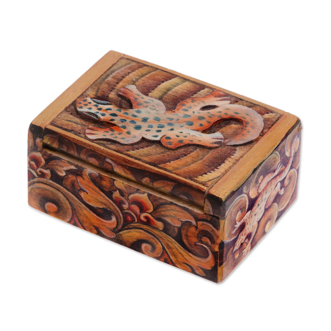 Gecko-Themed Wood Mini Jewelry Box from Bali - Gecko Forest