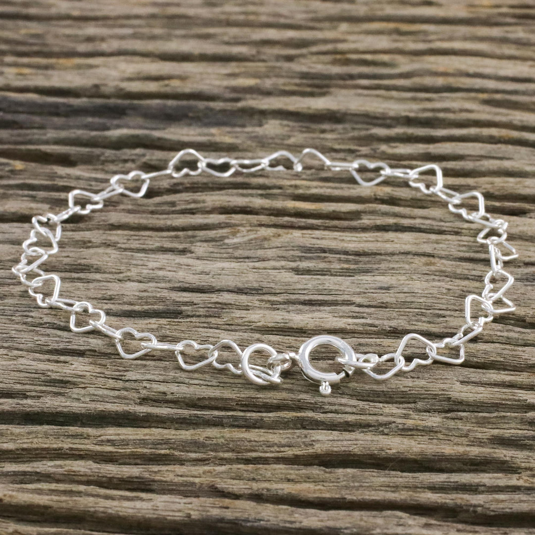 Heart Motif Sterling Silver Link Bracelet from Thailand - Lots of Love