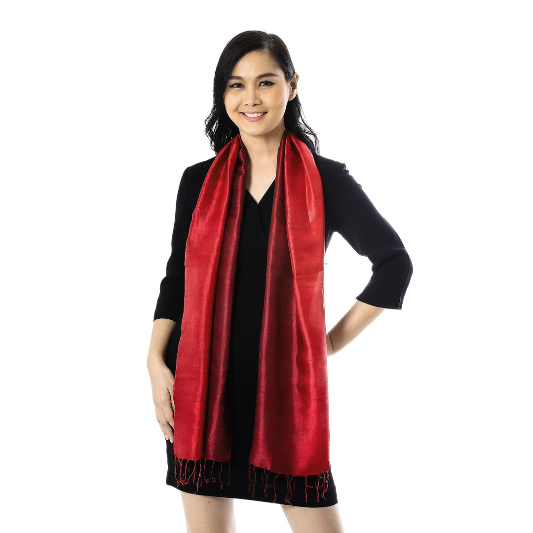 Ruby Red Tie-Dyed Handwoven Silk Scarf with Fringe - Ruby Love