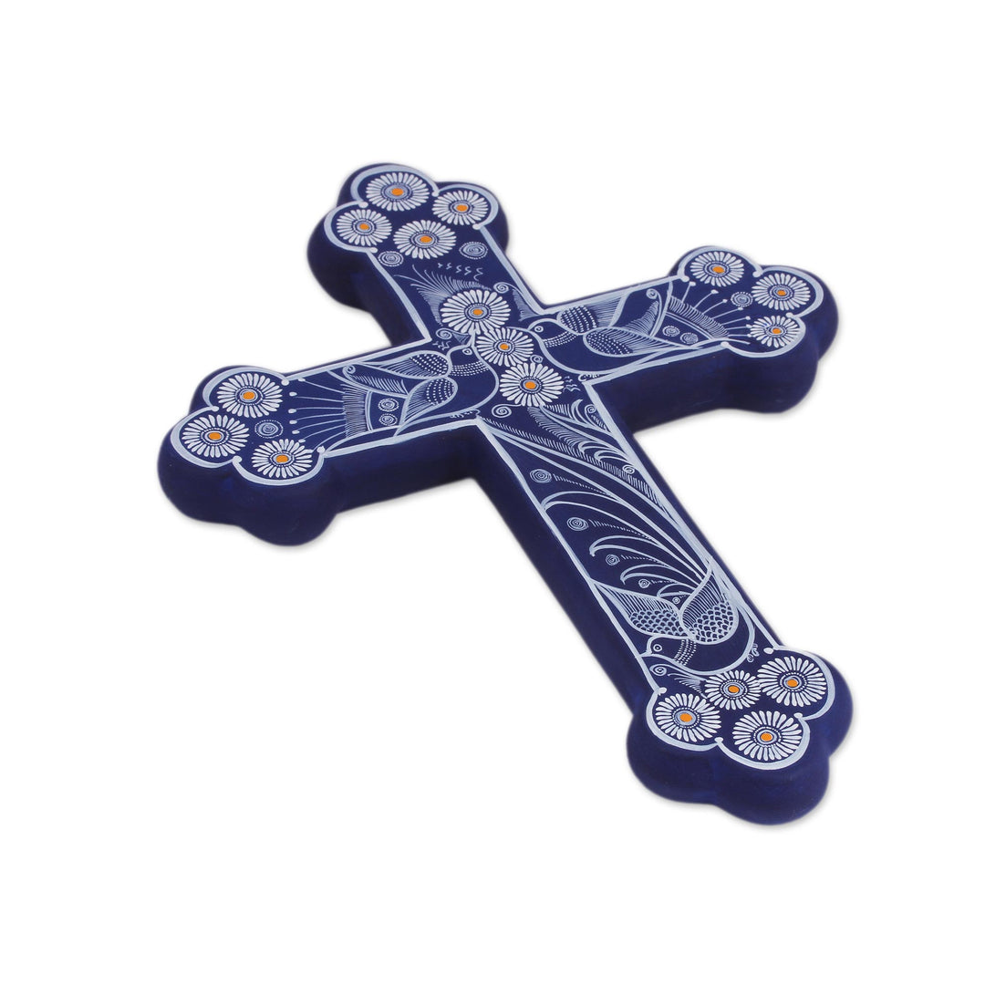 Blue with White Doves and Flowers Hand Painted Ceramic Cross - Serenity Cross