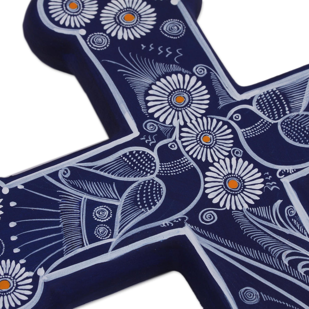 Blue with White Doves and Flowers Hand Painted Ceramic Cross - Serenity Cross