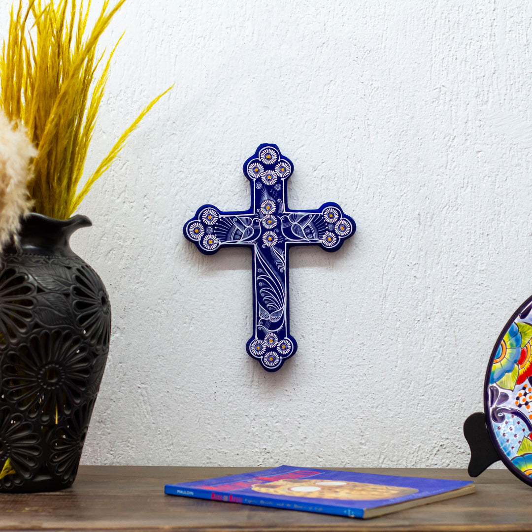 Blue with White Doves and Flowers Hand Painted Ceramic Cross - Serenity Cross