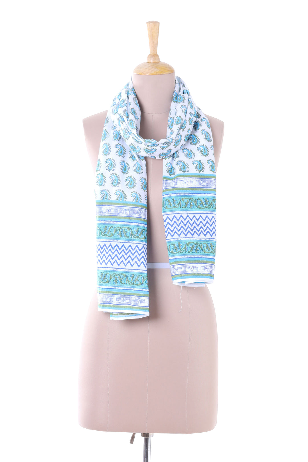 Blue White and Green Paisley Chevron Vines Cotton Scarf - Paisley Elegance