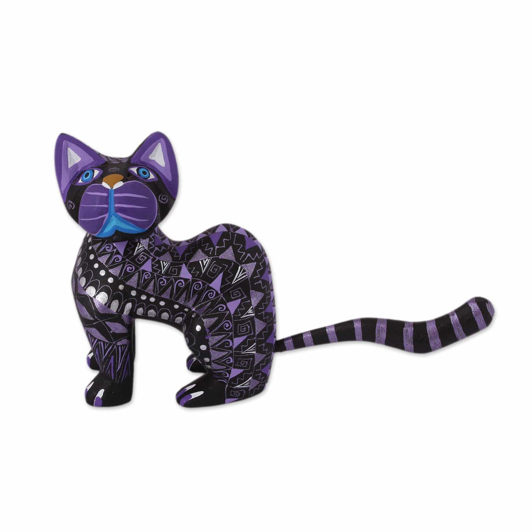 Black Alebrije Cat Silver and Purple Hand Painted Motifs - Sophisticated Cat