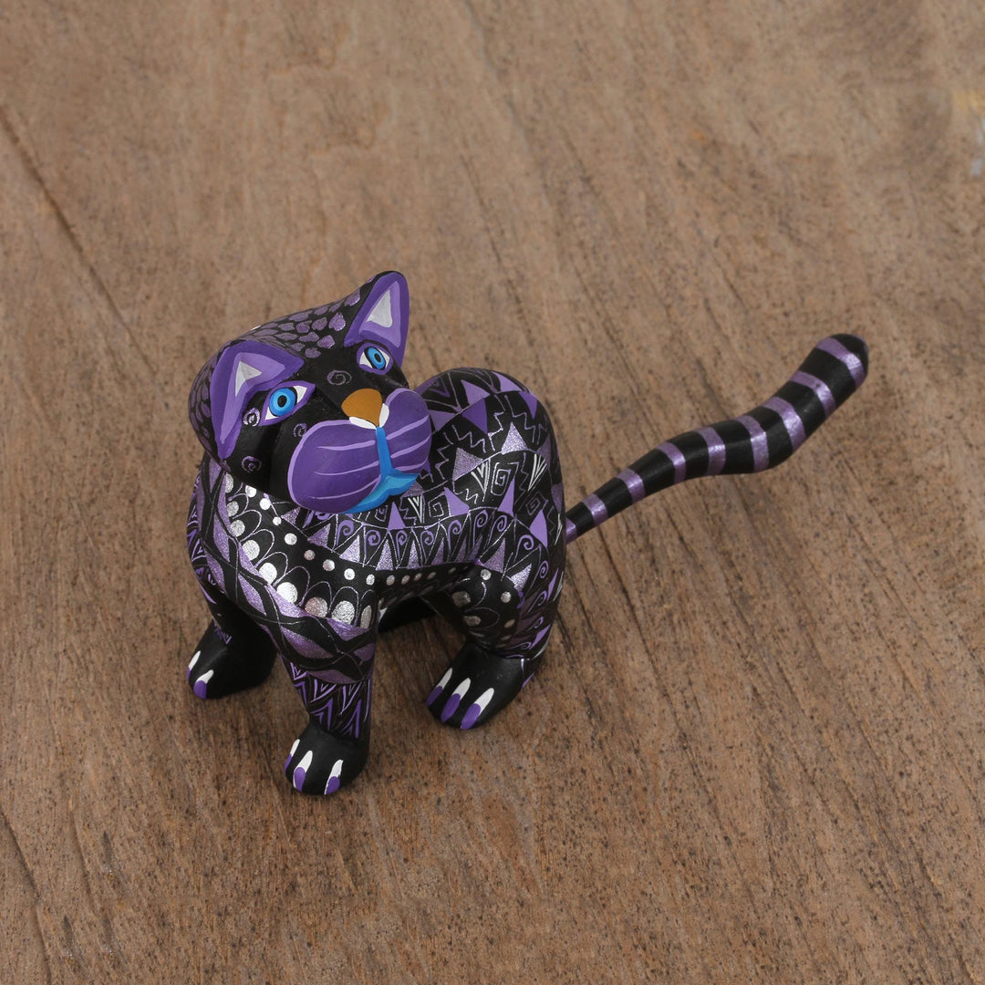 Black Alebrije Cat Silver and Purple Hand Painted Motifs - Sophisticated Cat