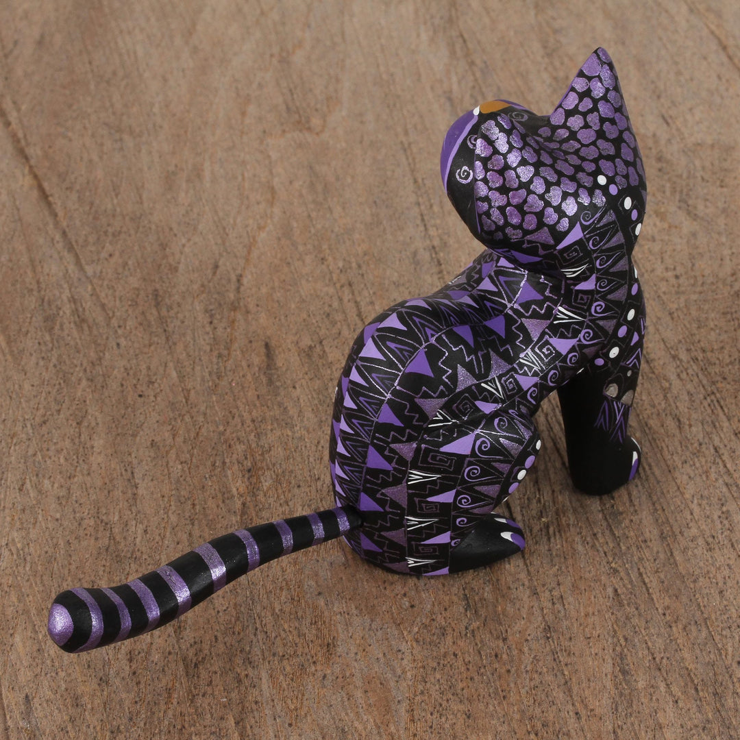 Black Alebrije Cat Silver and Purple Hand Painted Motifs - Sophisticated Cat