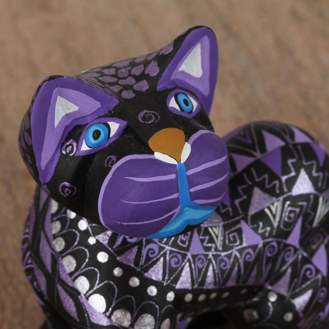 Black Alebrije Cat Silver and Purple Hand Painted Motifs - Sophisticated Cat