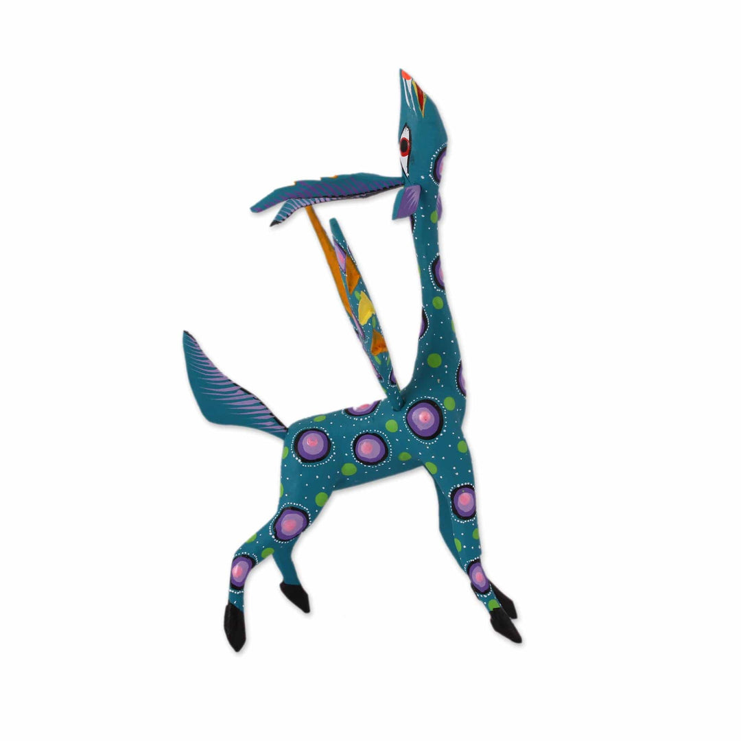 Teal Alebrije Gazelle with Multicolor Hand Painted Motifs - Winged Song