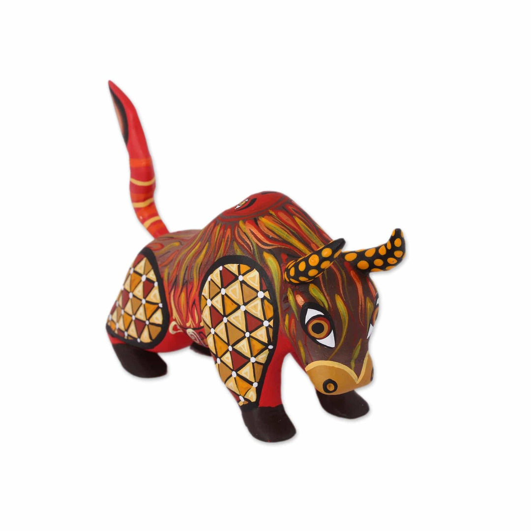 Orange Alebrije Bull with Multicolor Hand Painted Motifs - Sun Force