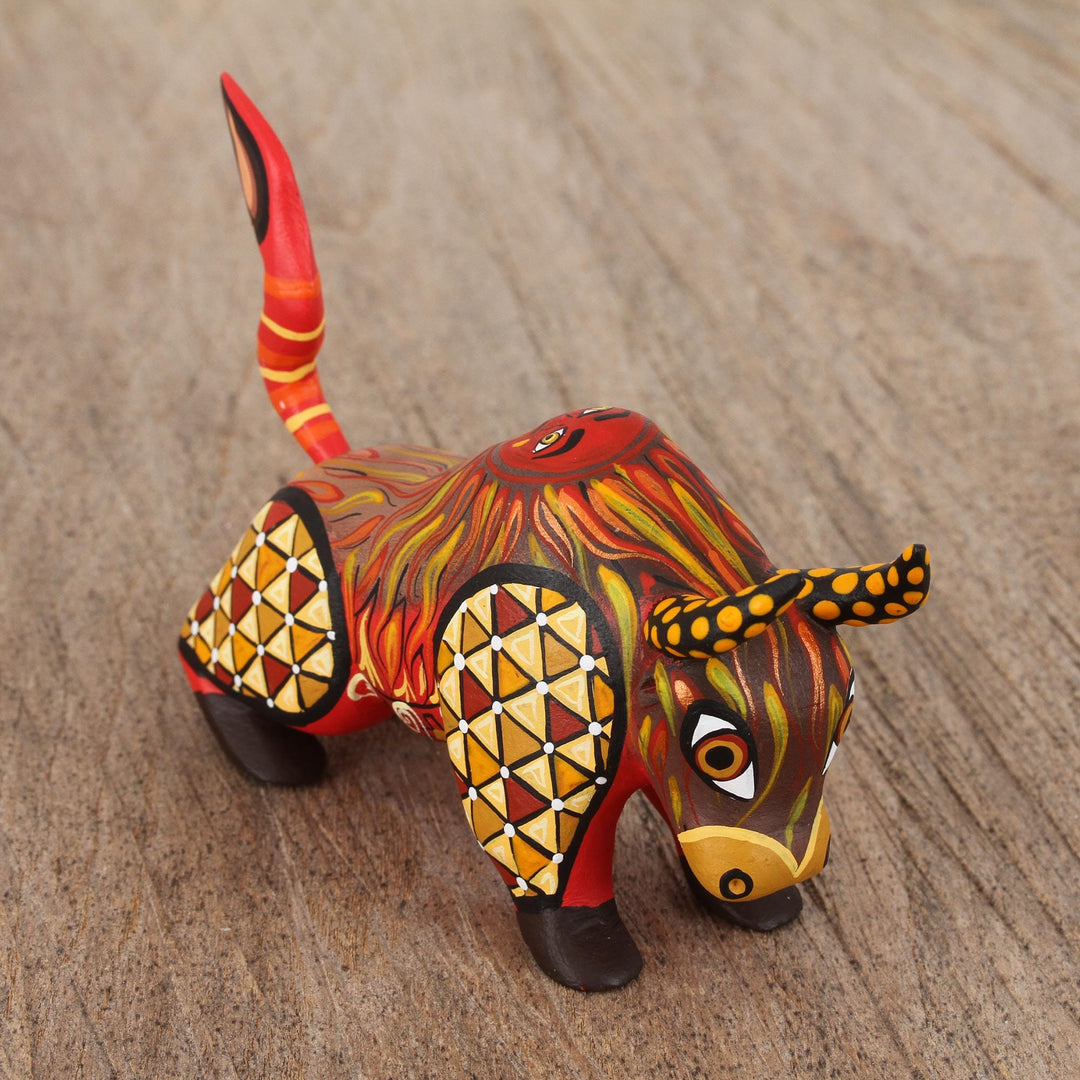 Orange Alebrije Bull with Multicolor Hand Painted Motifs - Sun Force