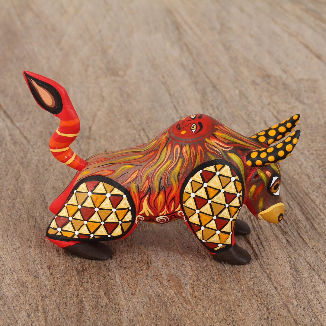 Orange Alebrije Bull with Multicolor Hand Painted Motifs - Sun Force
