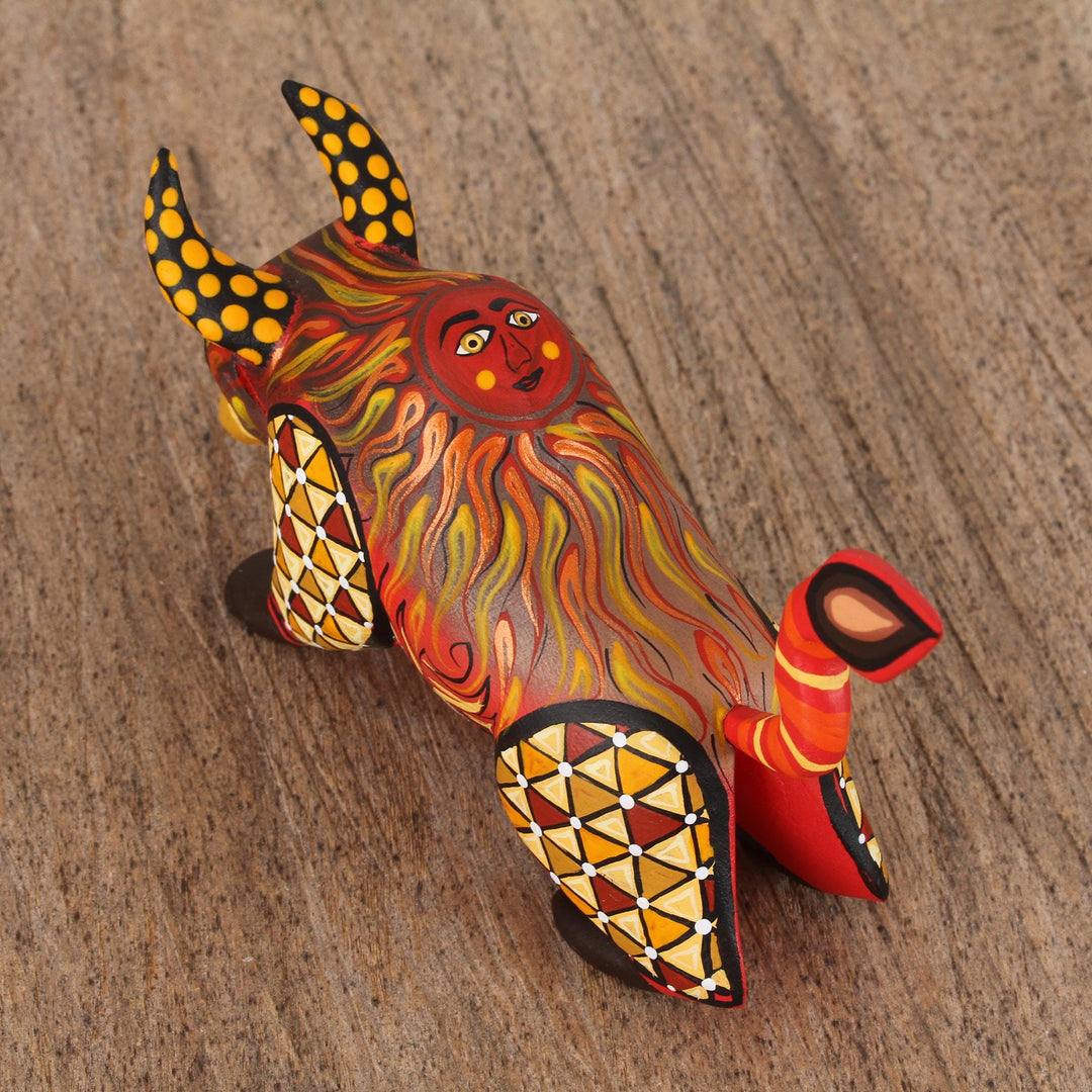 Orange Alebrije Bull with Multicolor Hand Painted Motifs - Sun Force