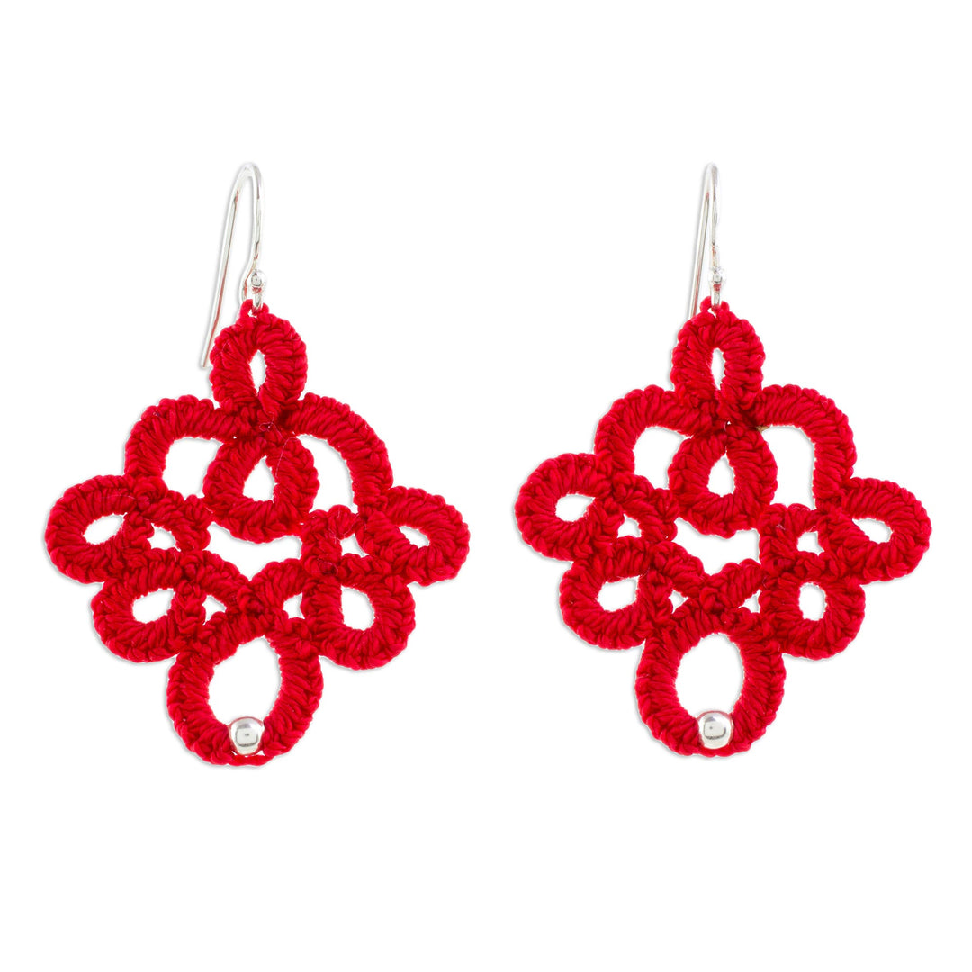 Hand-Tatted Dangle Earrings in Poppy from Guatemala - Poppy Lace