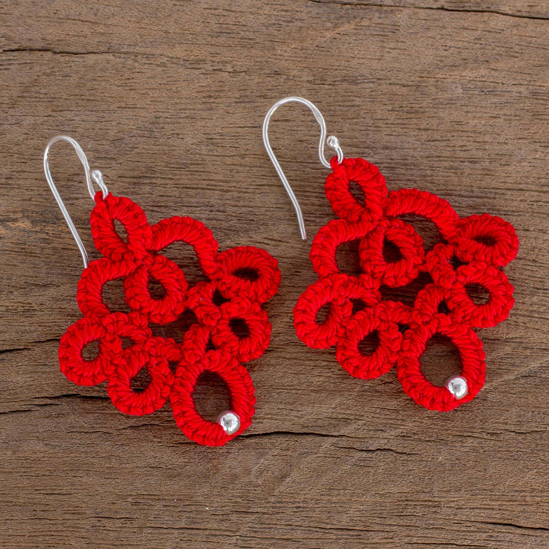 Hand-Tatted Dangle Earrings in Poppy from Guatemala - Poppy Lace