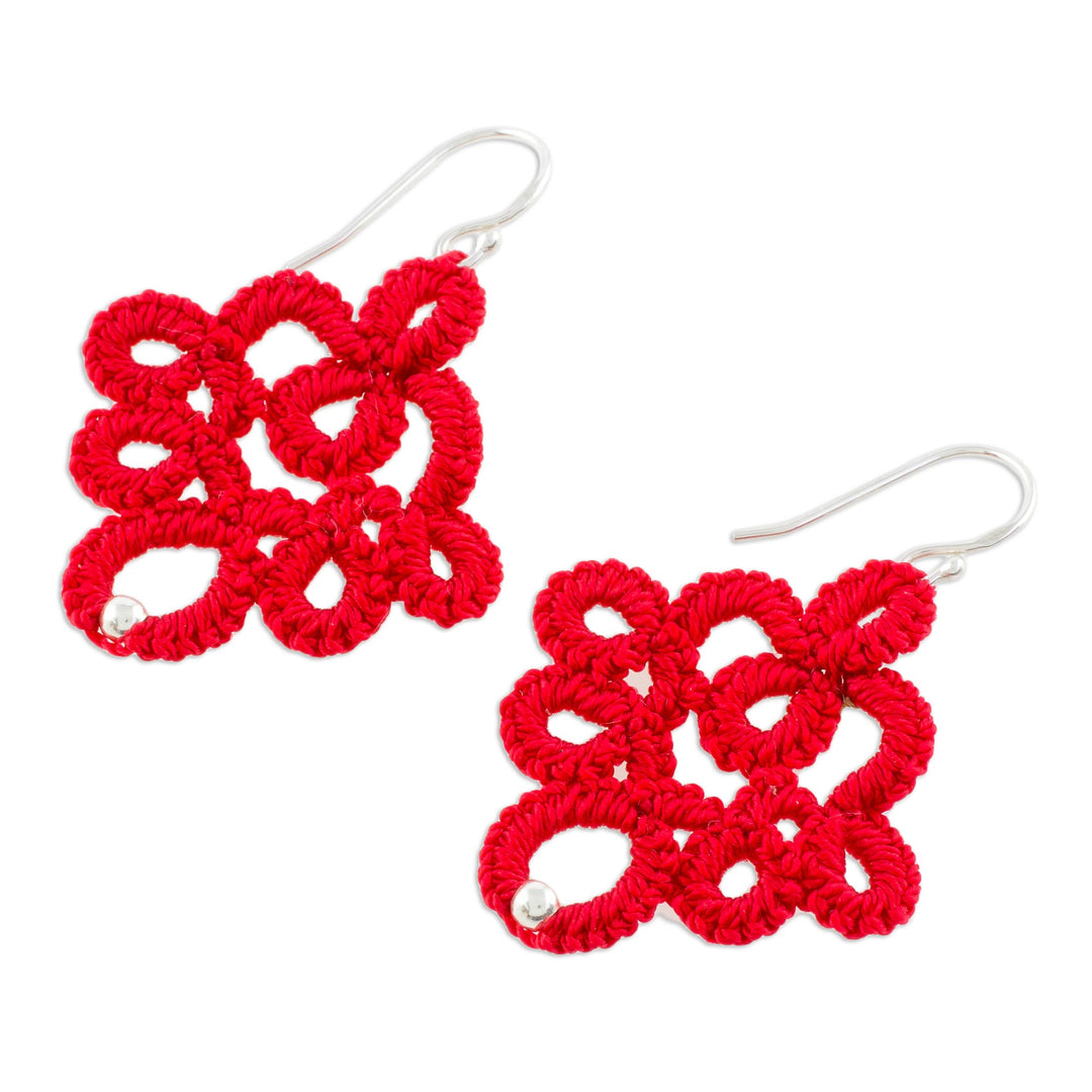 Hand-Tatted Dangle Earrings in Poppy from Guatemala - Poppy Lace