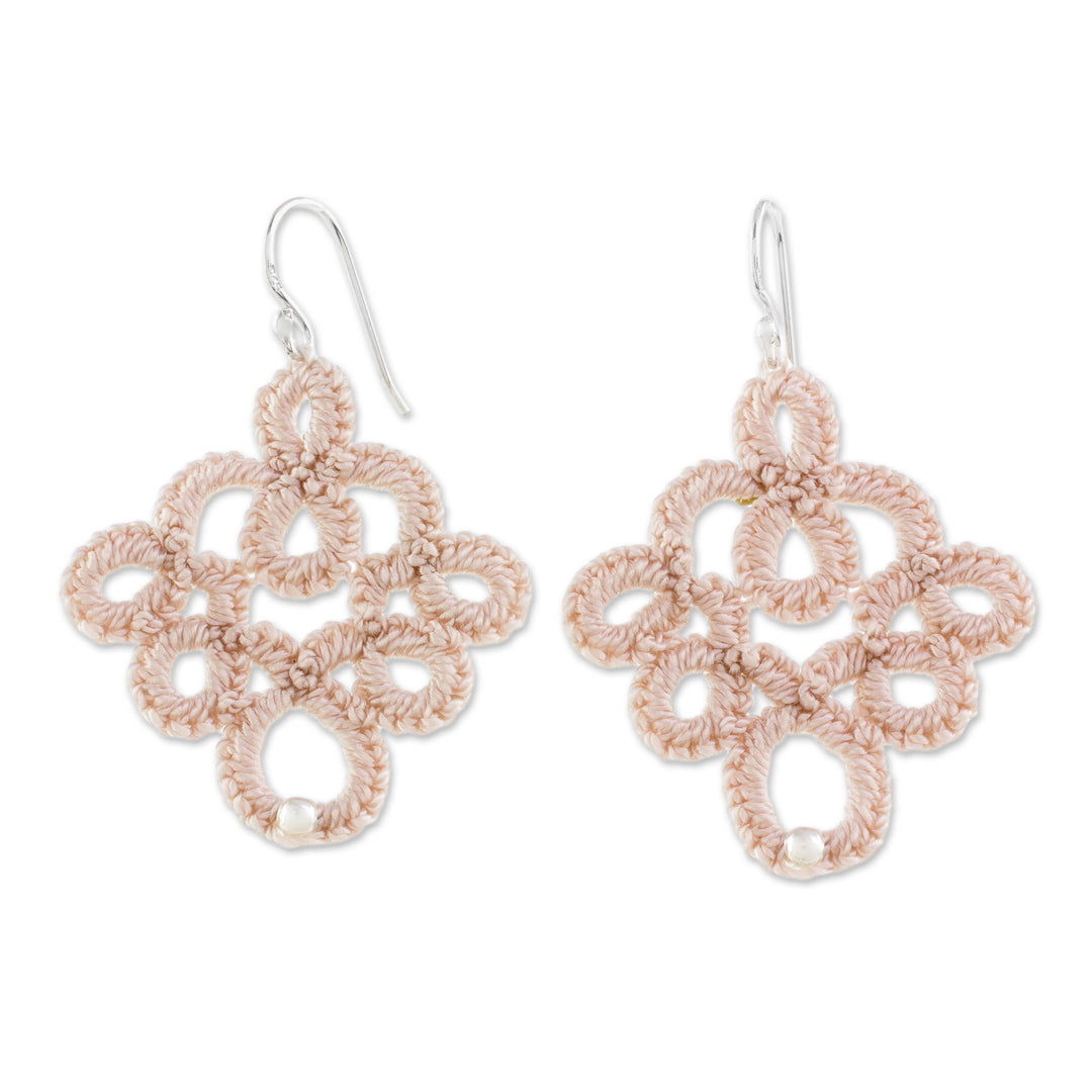 Hand-Tatted Dangle Earrings in Champagne from Guatemala - Champagne Lace
