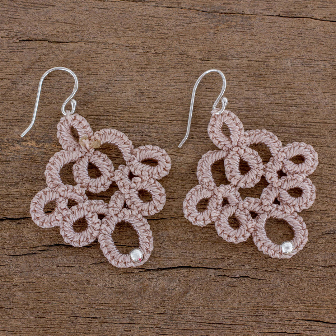 Hand-Tatted Dangle Earrings in Champagne from Guatemala - Champagne Lace