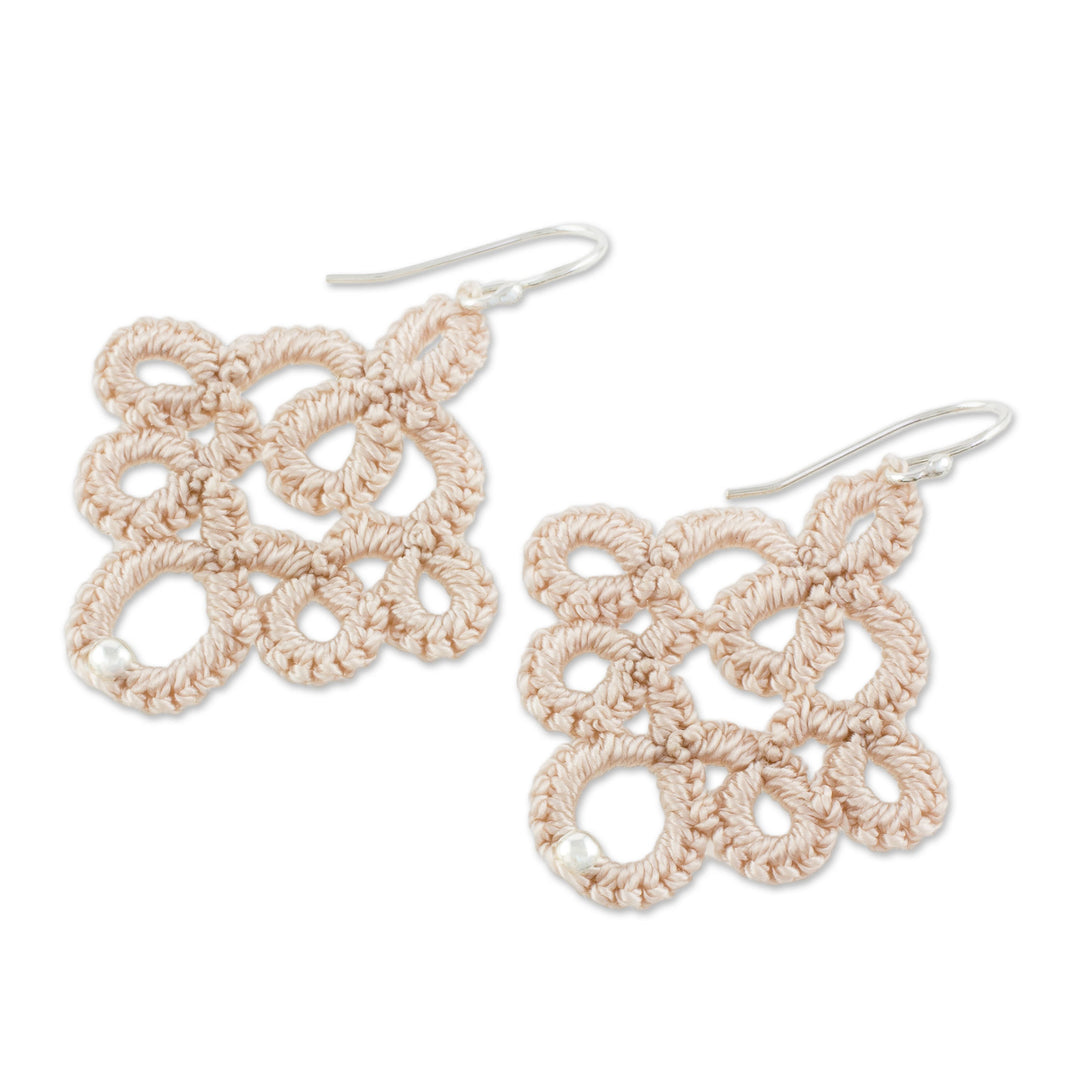 Hand-Tatted Dangle Earrings in Champagne from Guatemala - Champagne Lace