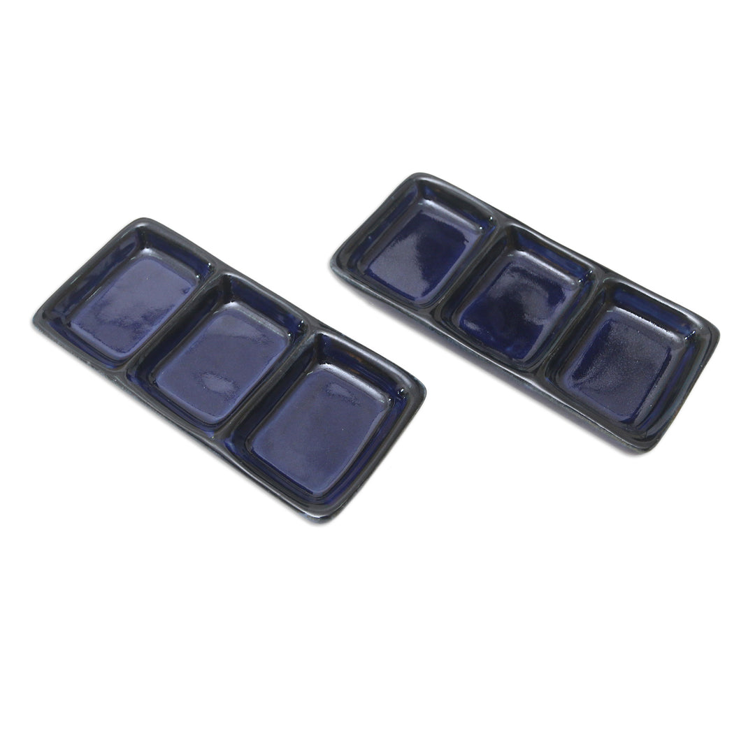 Pair of Handmade Indigo Ceramic Condiment Dishes from Bali - Indigo Nights