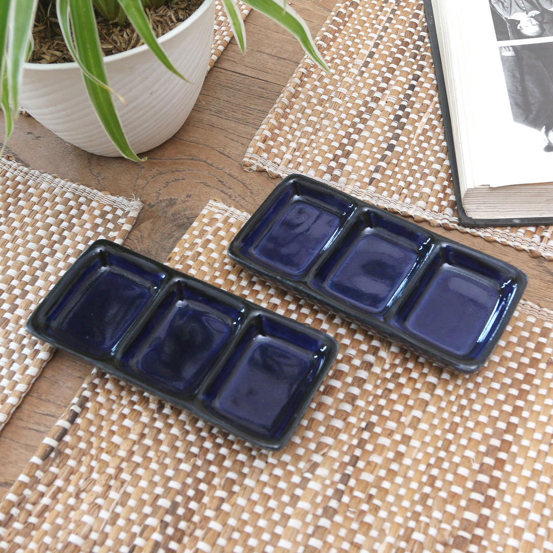 Pair of Handmade Indigo Ceramic Condiment Dishes from Bali - Indigo Nights