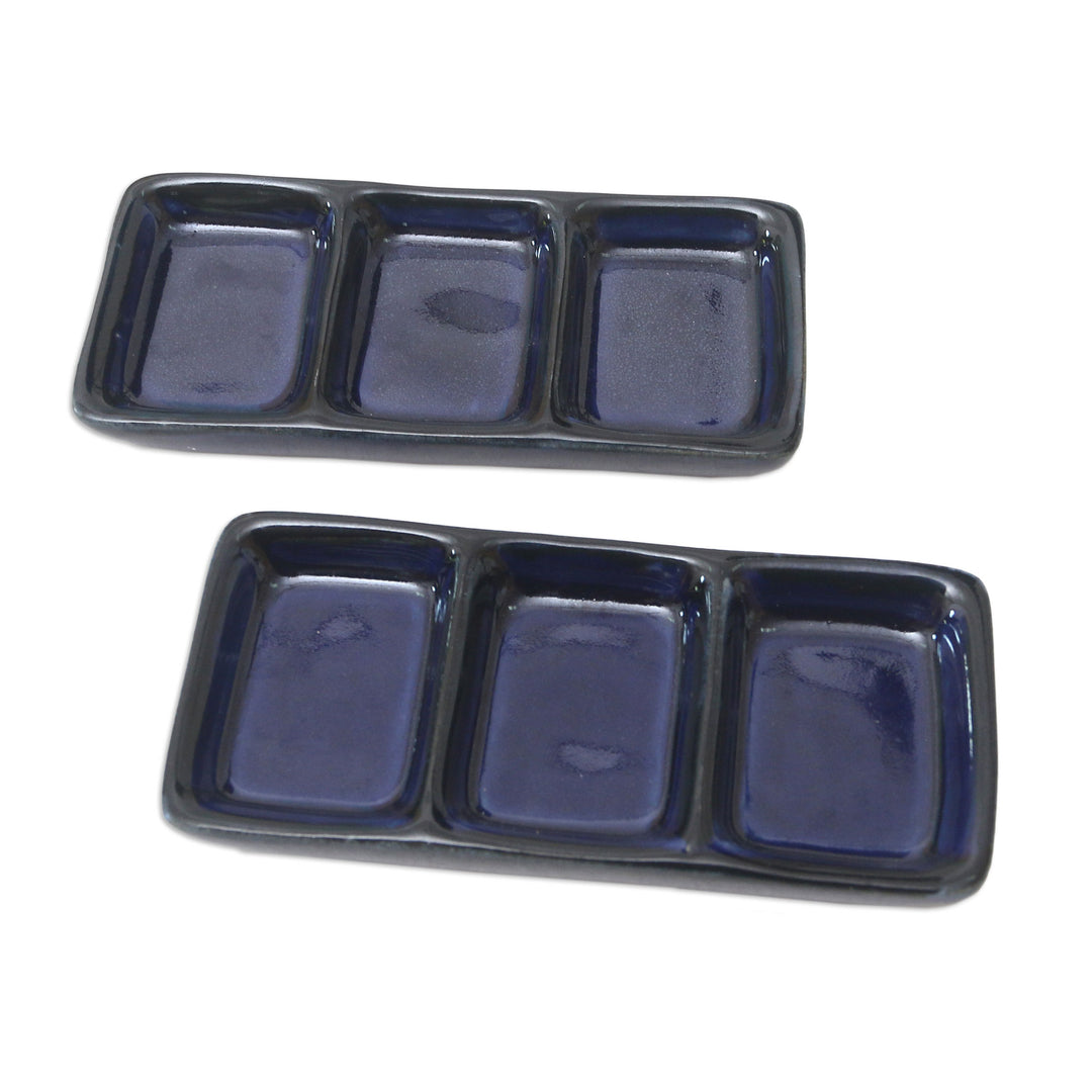 Pair of Handmade Indigo Ceramic Condiment Dishes from Bali - Indigo Nights