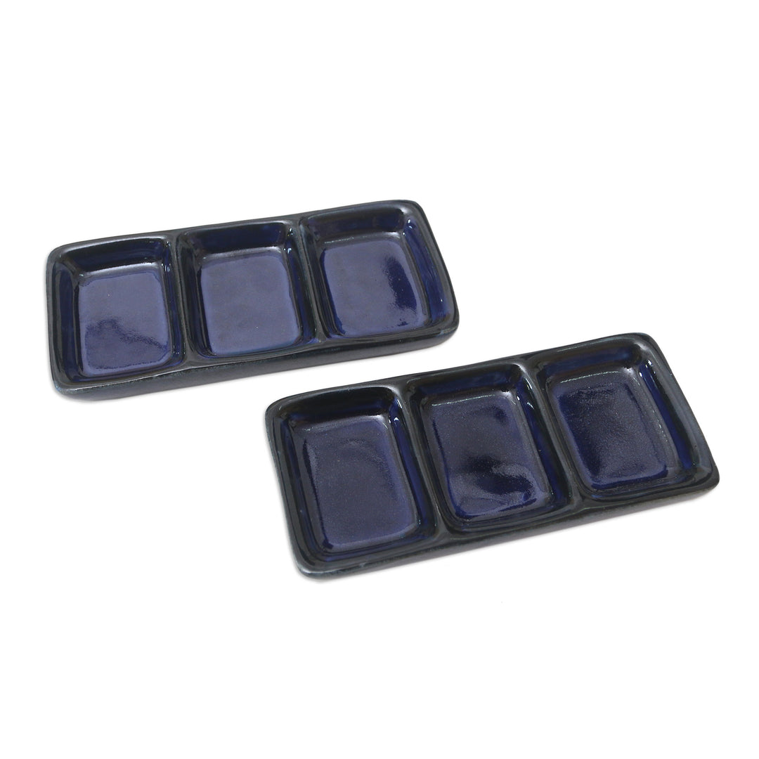 Pair of Handmade Indigo Ceramic Condiment Dishes from Bali - Indigo Nights