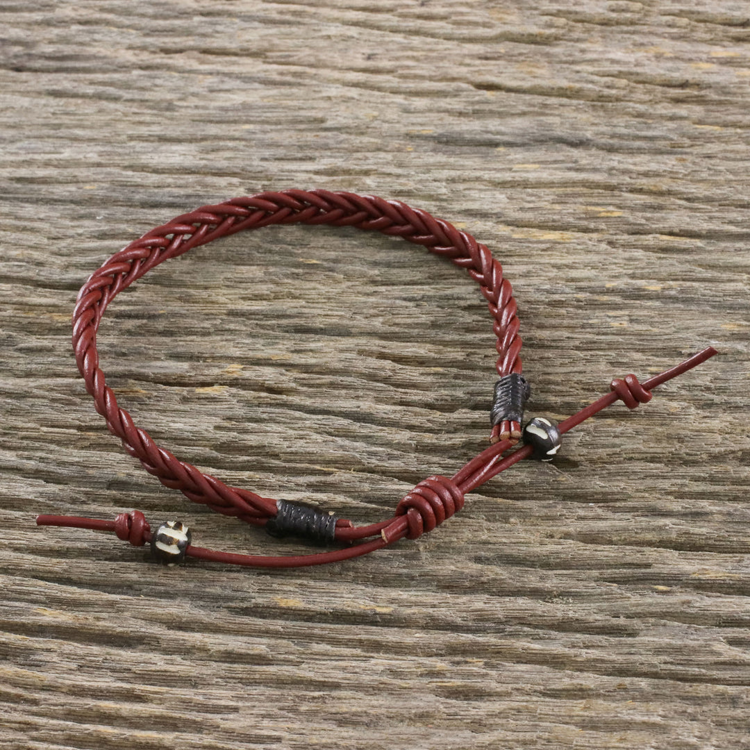 Men's Cow Bone Bead Mahogany Braided Leather Bracelet - Rustic Simplicity