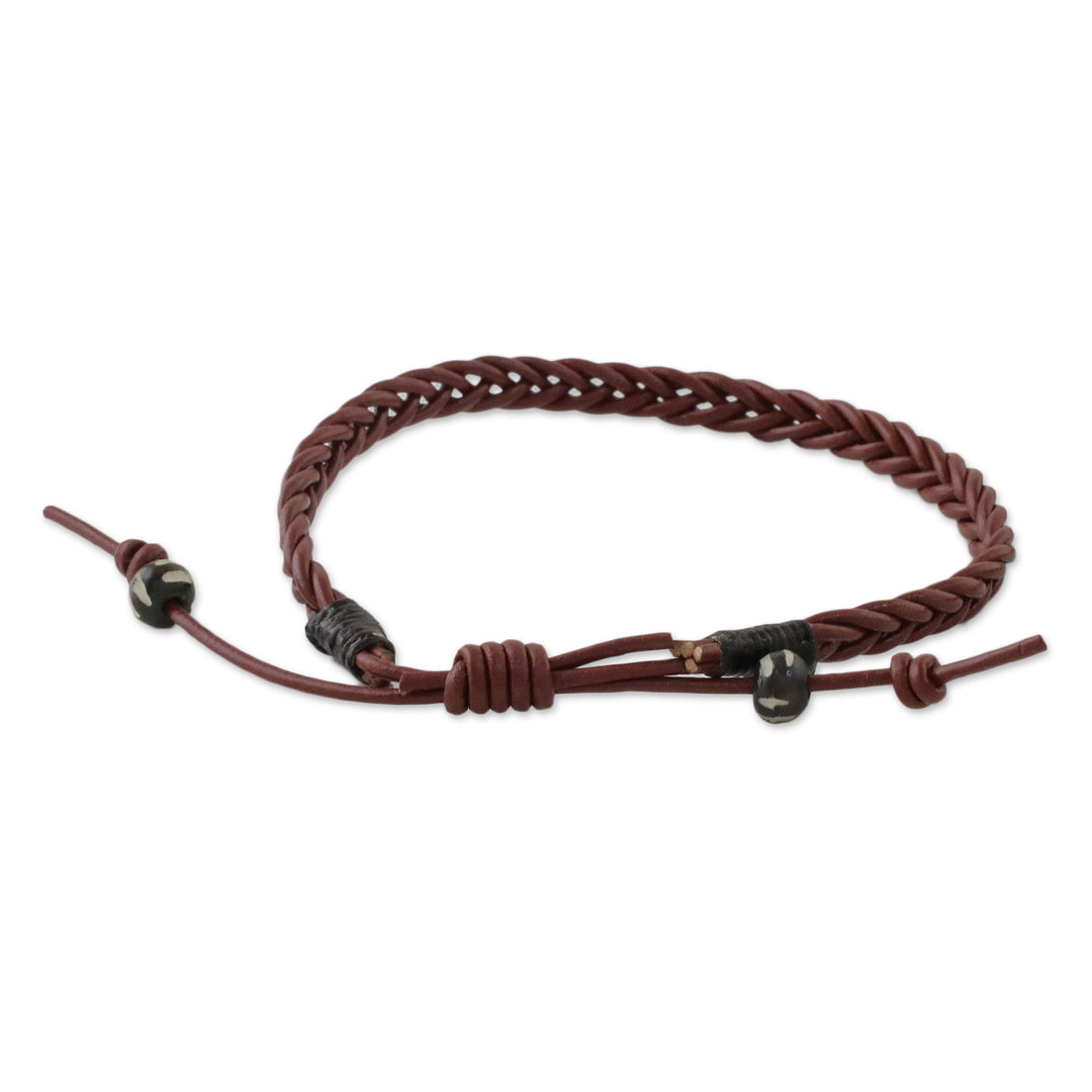 Men's Cow Bone Bead Mahogany Braided Leather Bracelet - Rustic Simplicity