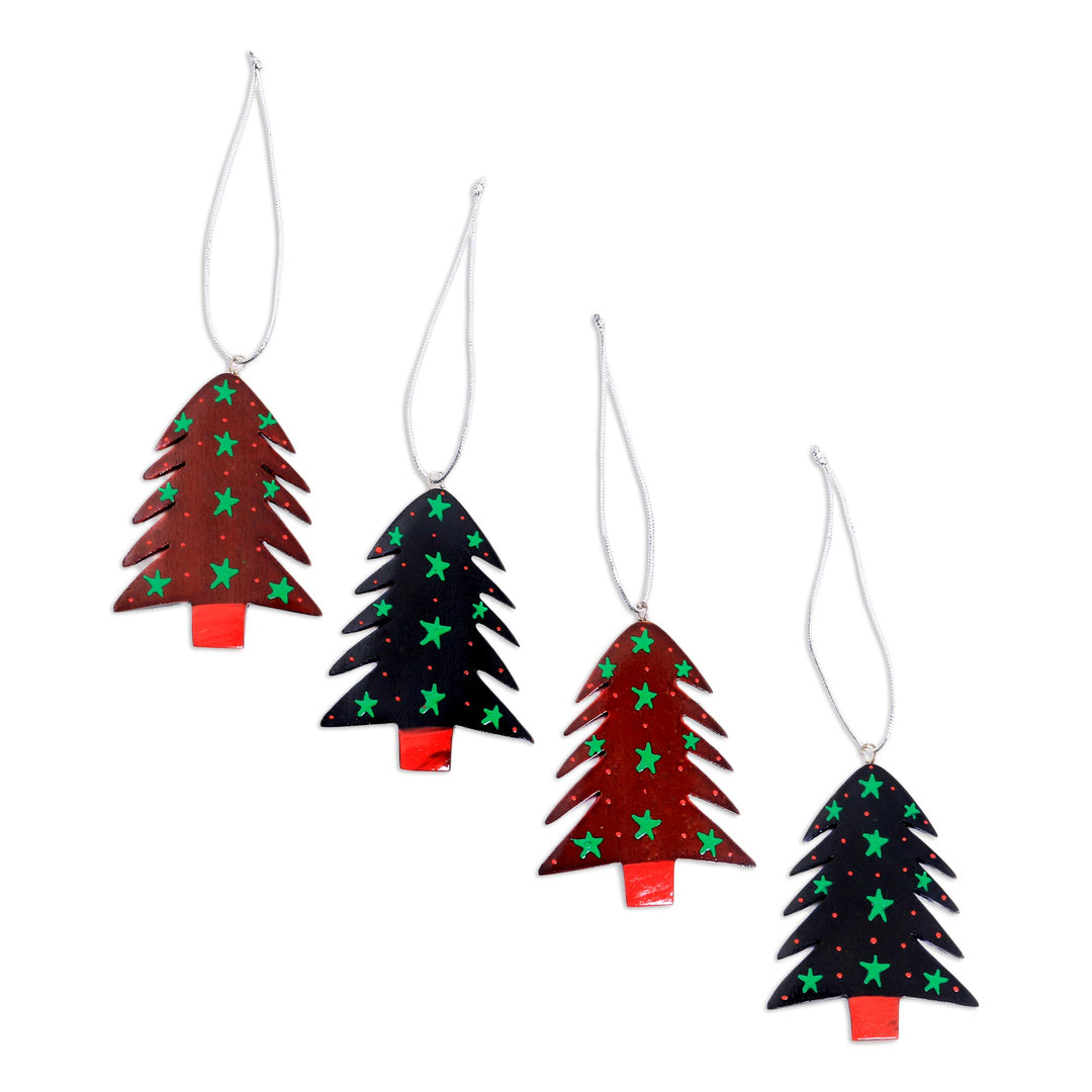 Mahogany Wood Hand Painted Tree Ornaments (Set of 4) - Starlit Tree