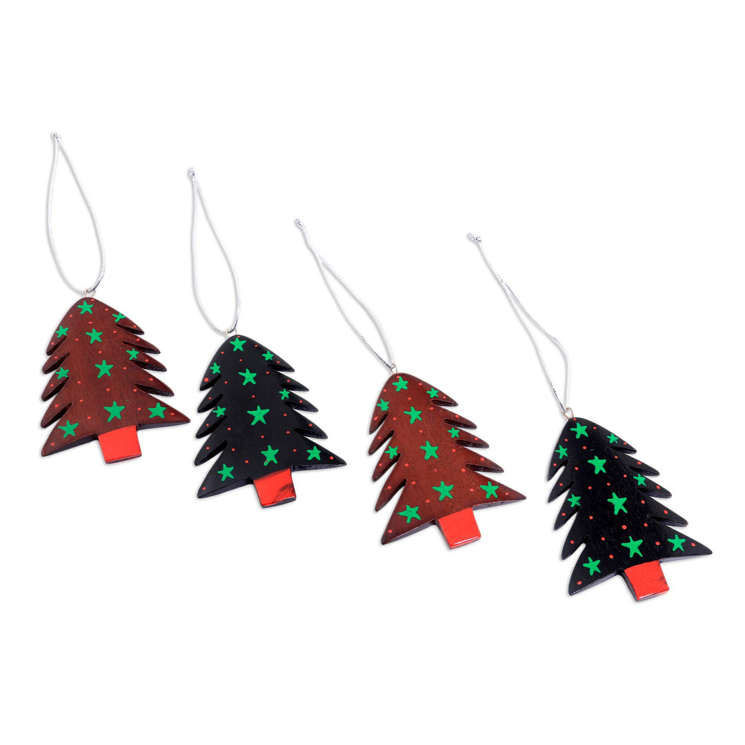 Mahogany Wood Hand Painted Tree Ornaments (Set of 4) - Starlit Tree