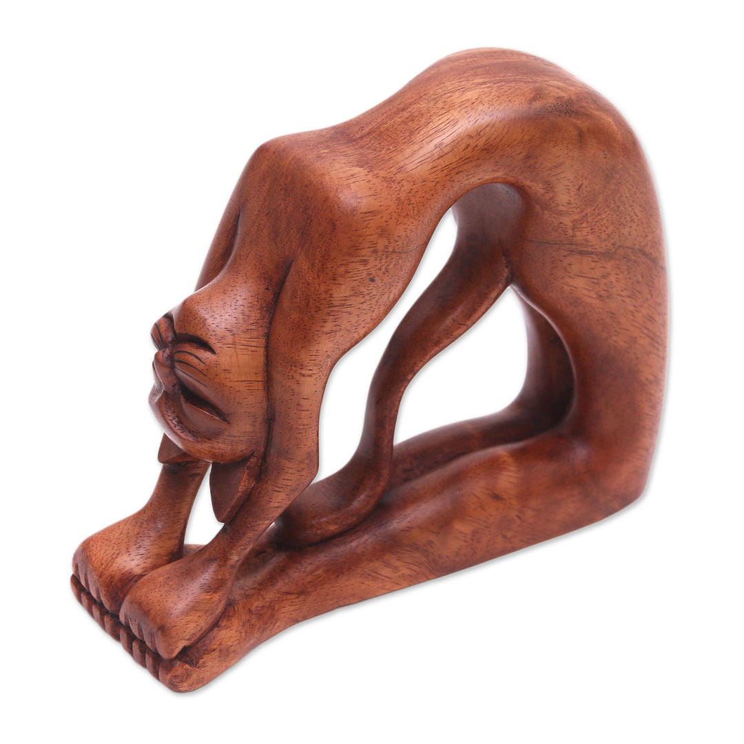 Suar Wood Sculpture of a Cat in Ustrasana Yoga Pose - Ustrasana Kitty