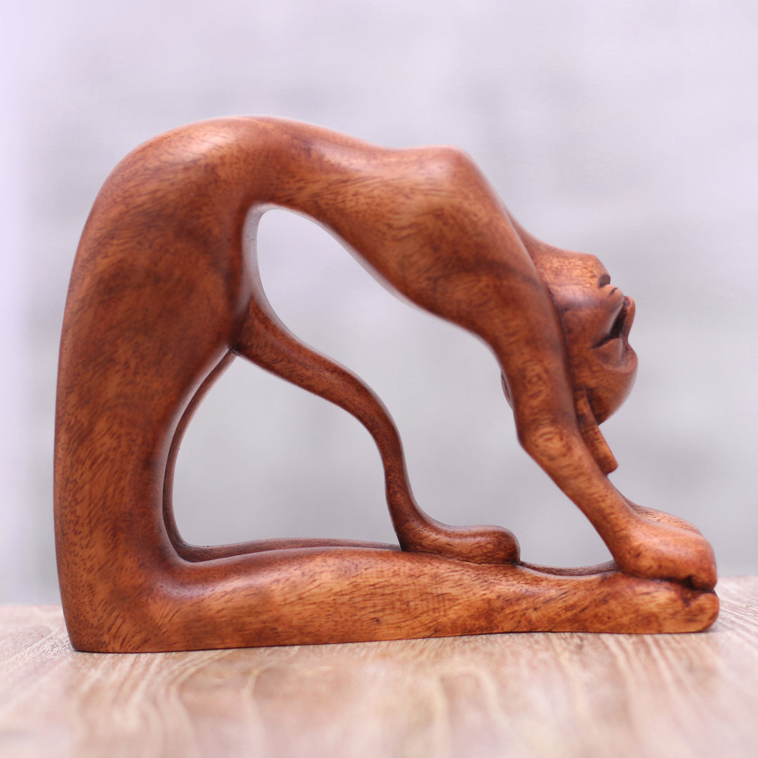Suar Wood Sculpture of a Cat in Ustrasana Yoga Pose - Ustrasana Kitty