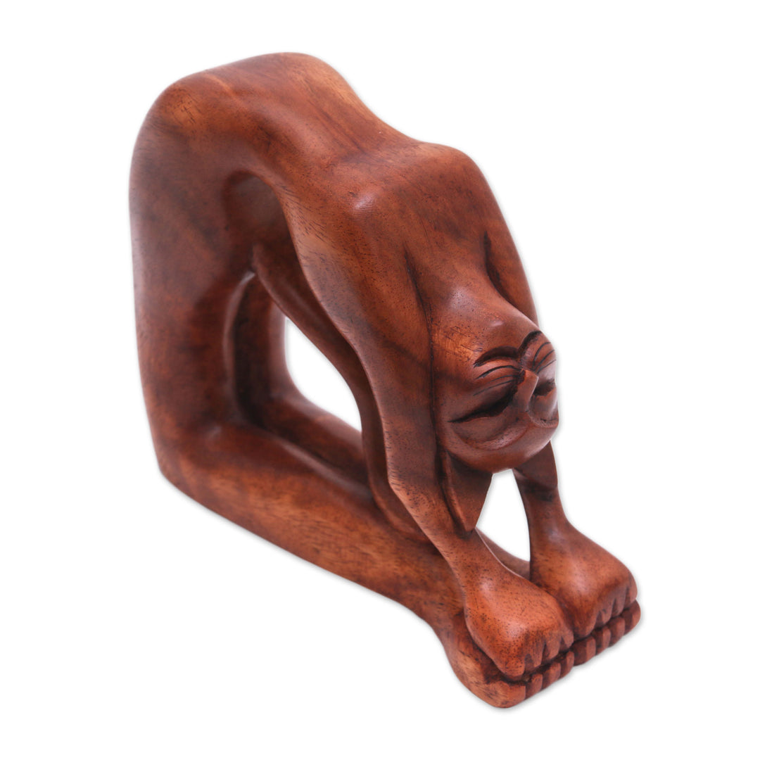 Suar Wood Sculpture of a Cat in Ustrasana Yoga Pose - Ustrasana Kitty