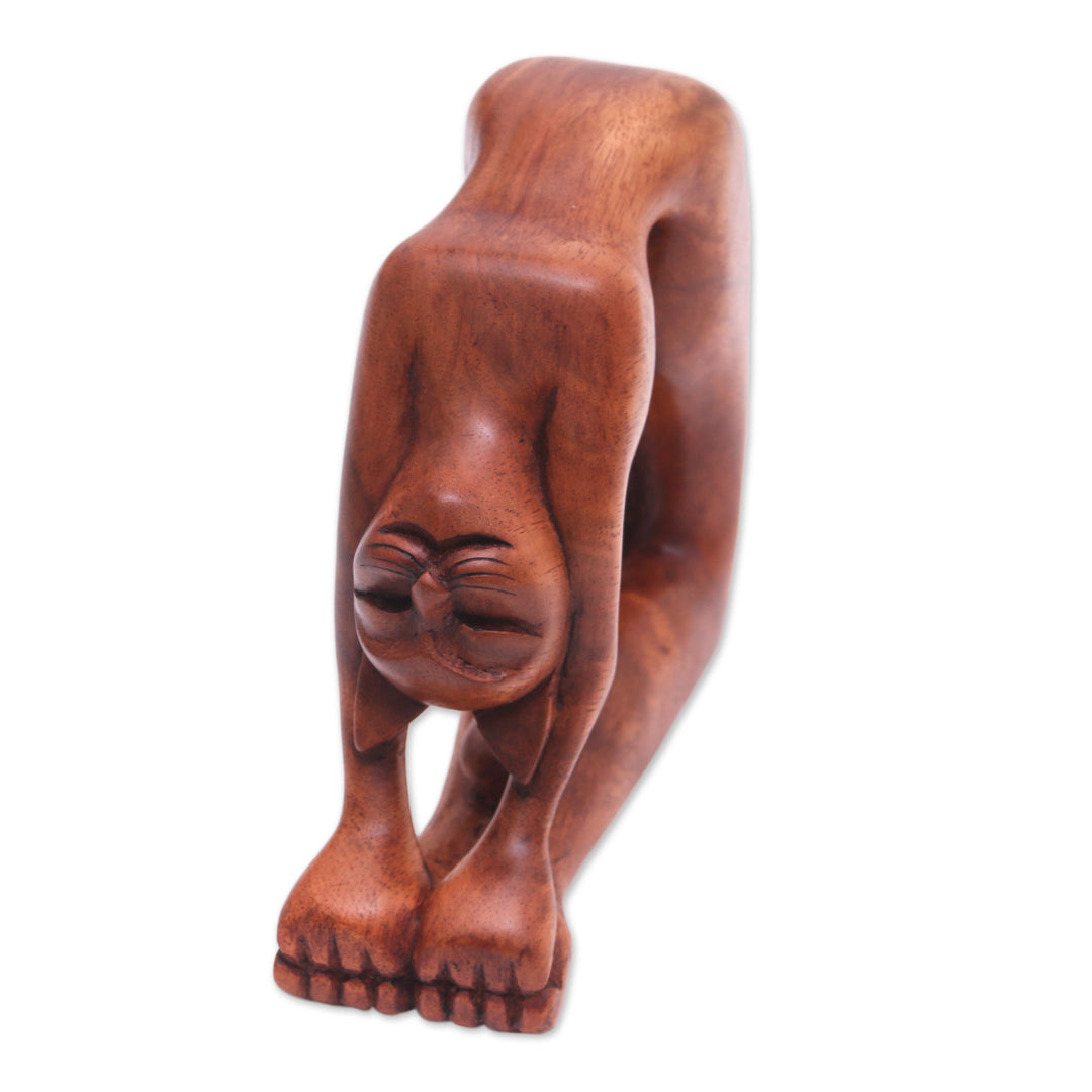 Suar Wood Sculpture of a Cat in Ustrasana Yoga Pose - Ustrasana Kitty