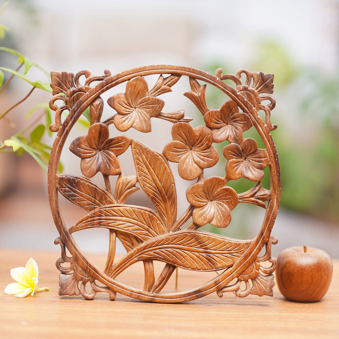 Hand-Carved Floral Suar Wood Relief Panel from Bali - Bali Plumeria