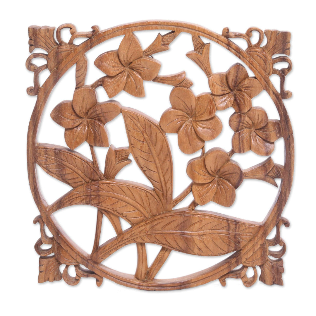 Hand-Carved Floral Suar Wood Relief Panel from Bali - Bali Plumeria