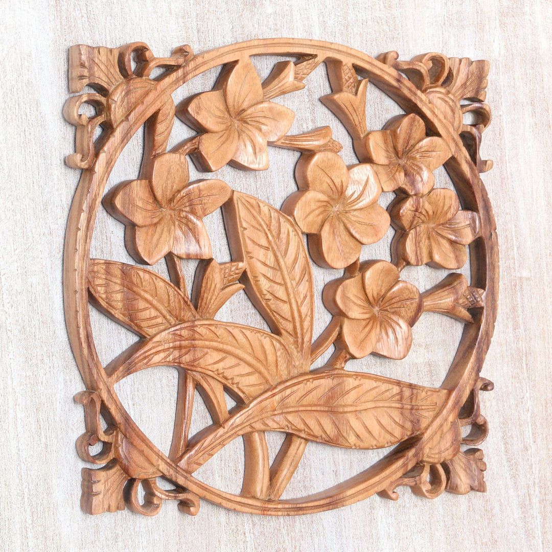 Hand-Carved Floral Suar Wood Relief Panel from Bali - Bali Plumeria