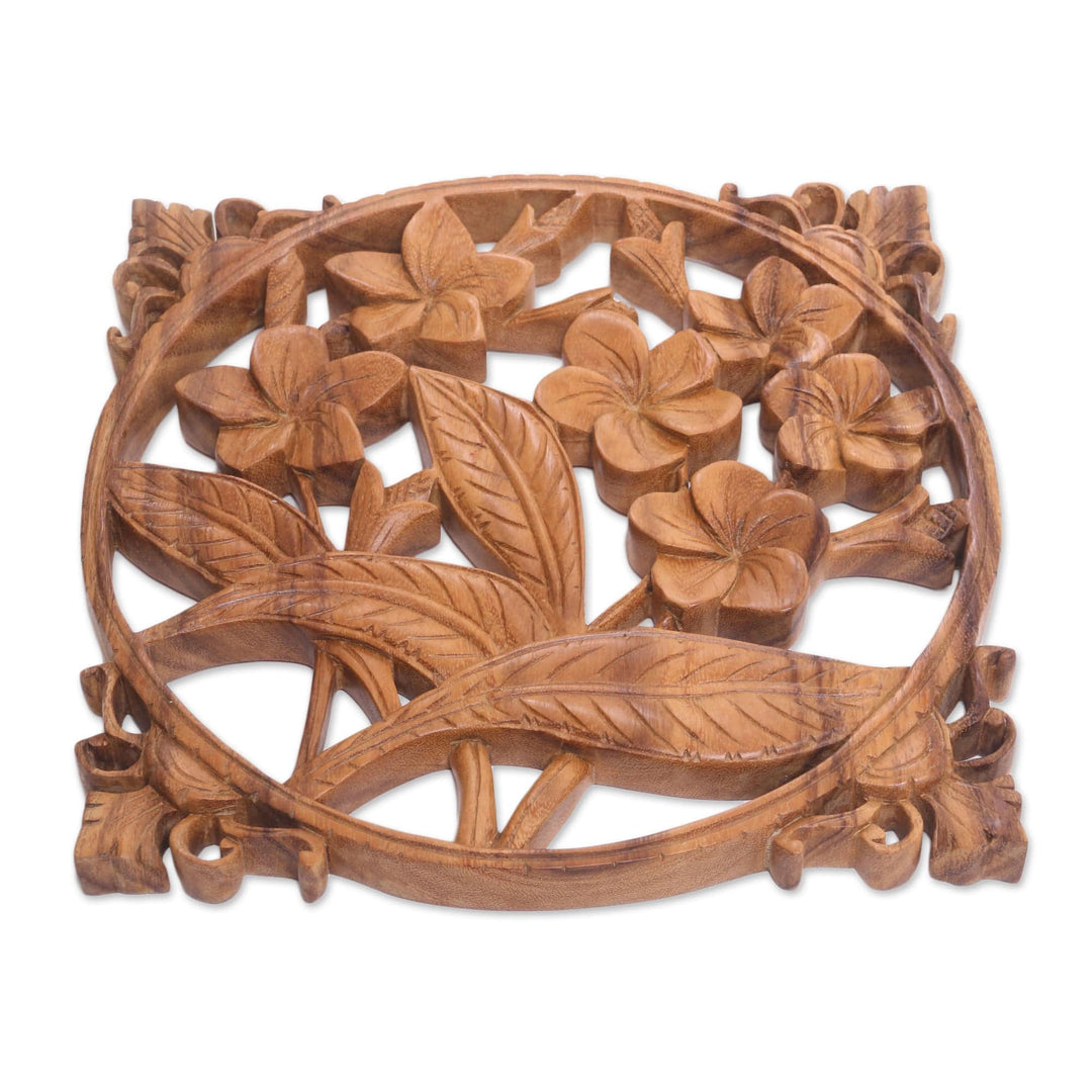 Hand-Carved Floral Suar Wood Relief Panel from Bali - Bali Plumeria
