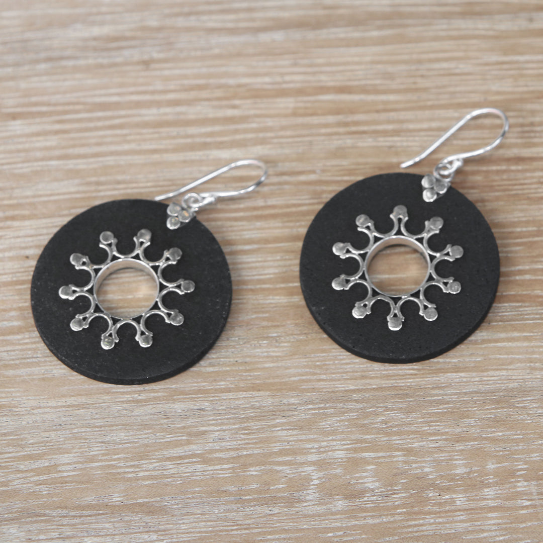 Sterling Silver Lava Stone Dark Sun Black Dangle Earrings - Dark Sun