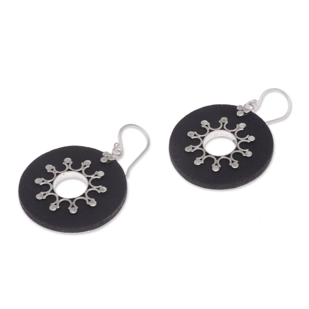 Sterling Silver Lava Stone Dark Sun Black Dangle Earrings - Dark Sun